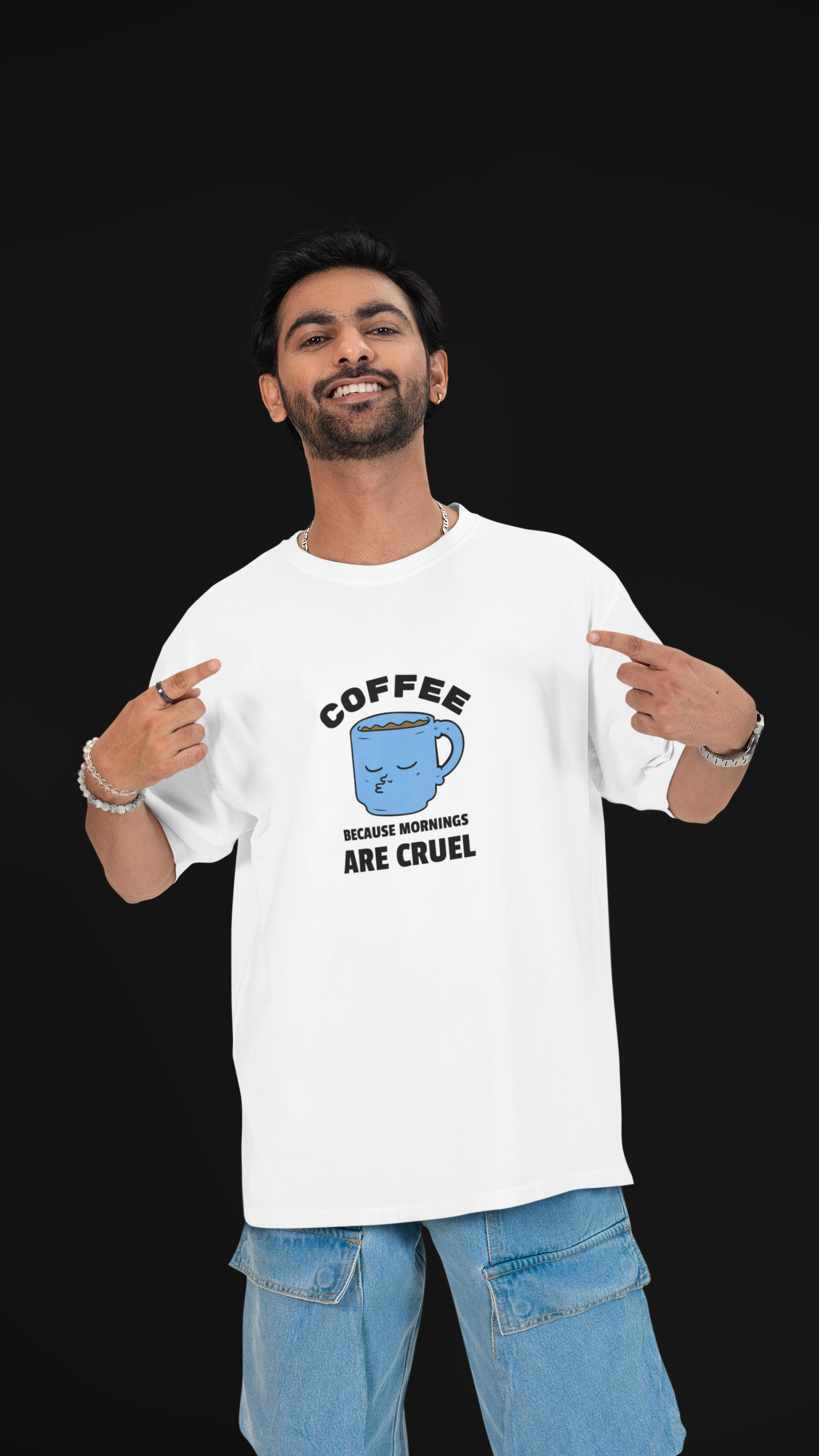 Coffee Because Mornings Are Cruel Unisex Oversized Tee ☕😮‍💨