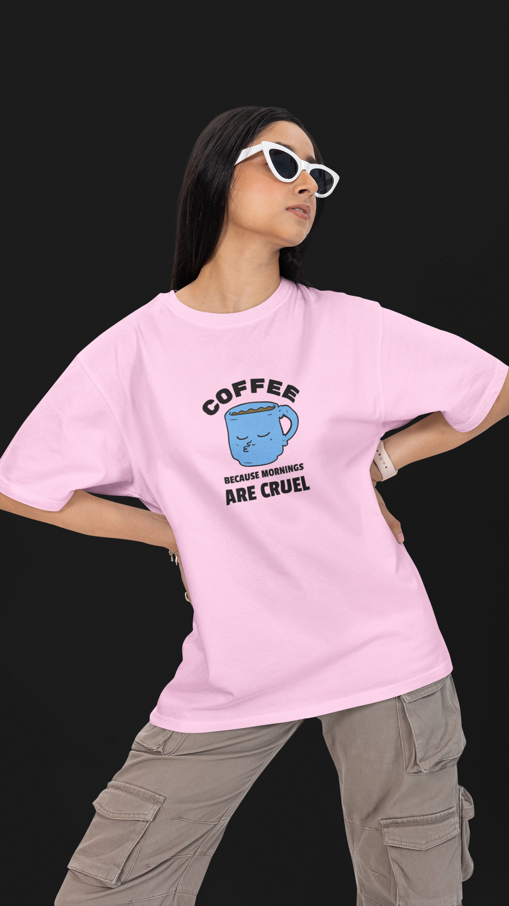 Coffee Because Mornings Are Cruel Unisex Oversized Tee