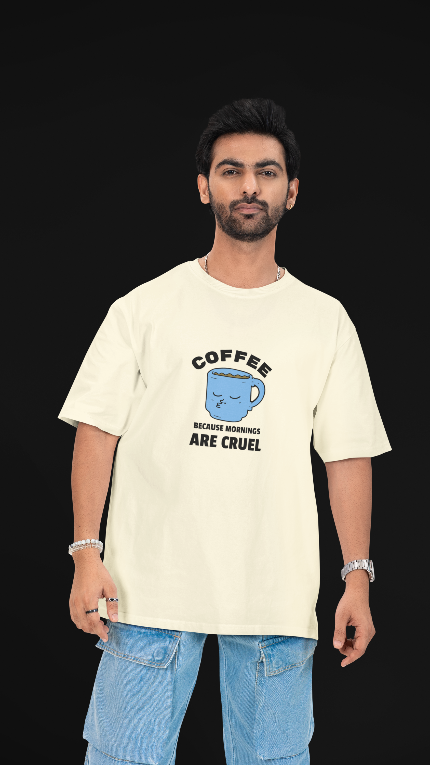 Coffee Because Mornings Are Cruel Unisex Oversized Tee ☕😮‍💨