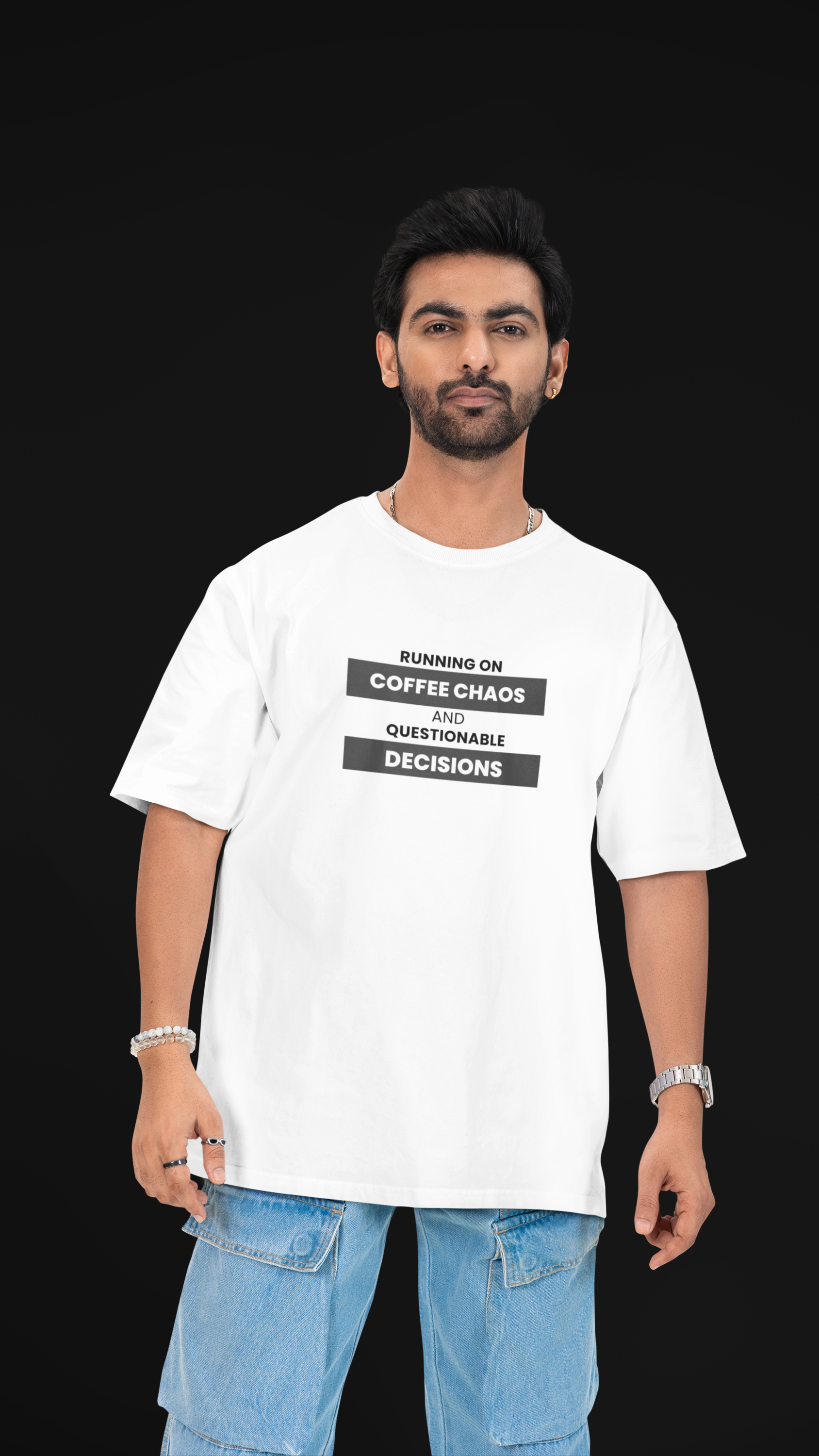 Running On Coffee Chaos And Questionable Decisions Unisex Oversized Tee ☕😮‍💨"